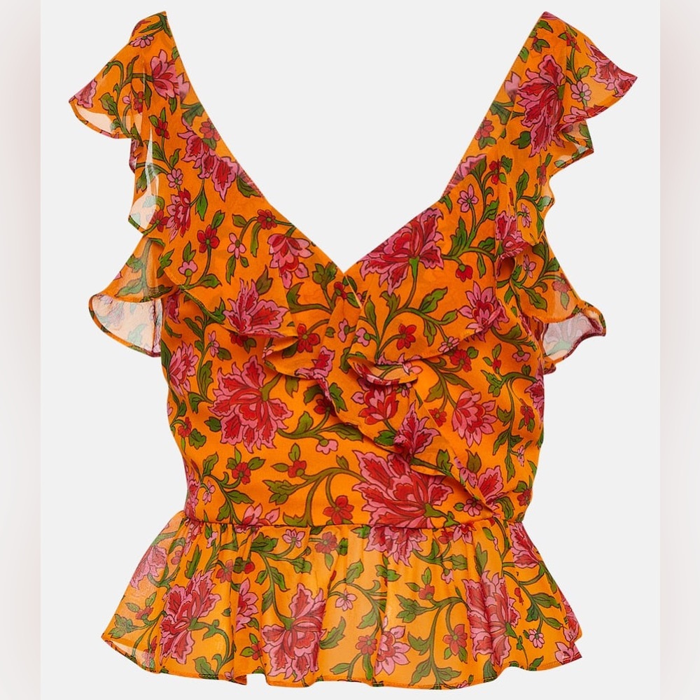 NWOT Veronica Beard Randa ruffled floral-print silk-crepe top Size 4